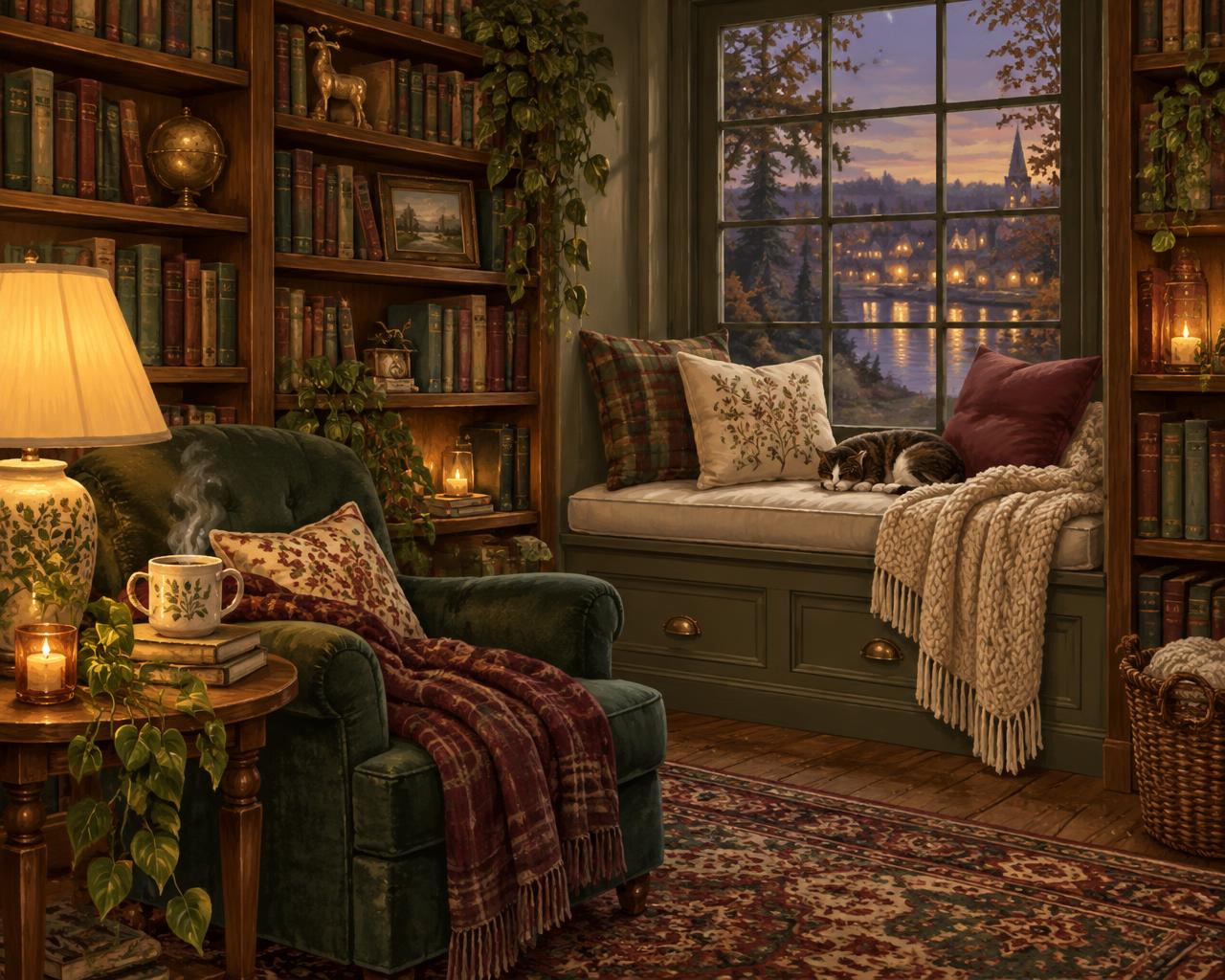 A warm reading nook with full bookshelves, a lamp and a sleeping cat